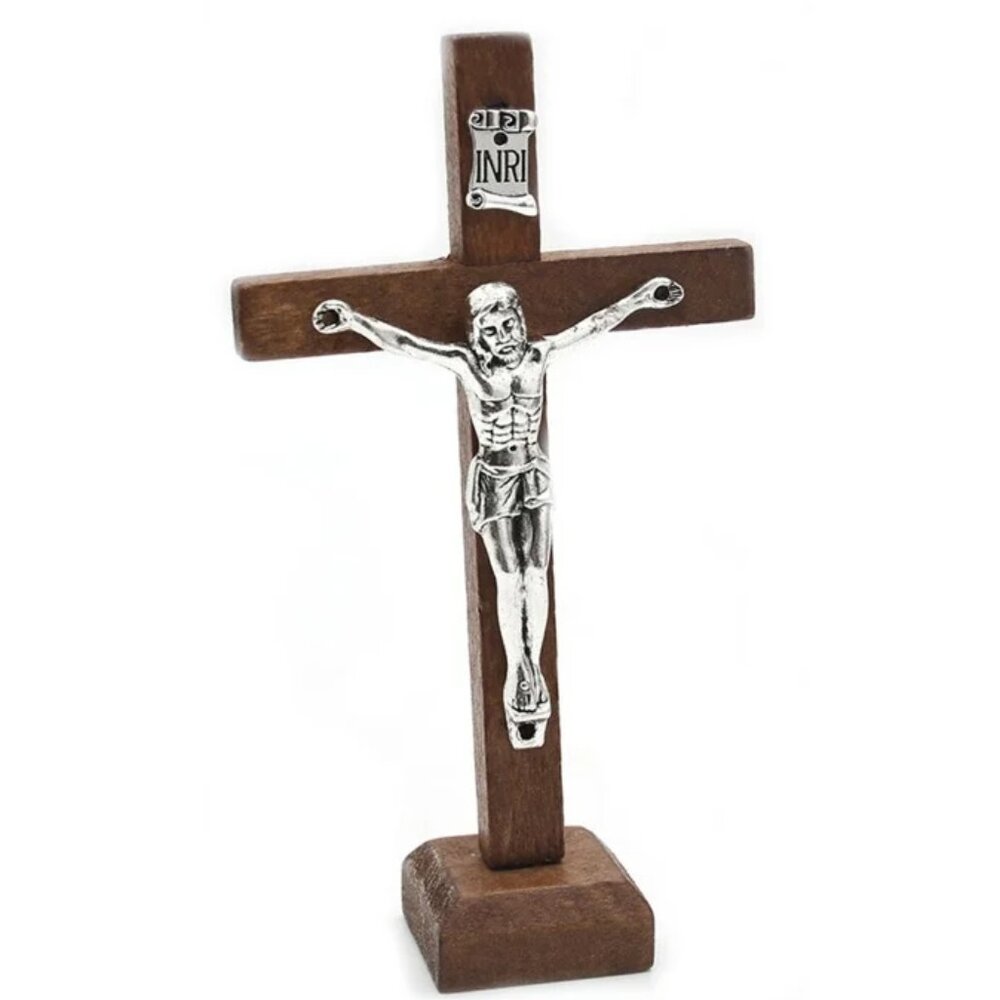 Wooden Catholic Jesus Cross with Stand – Vintage-Style Home Crucifix